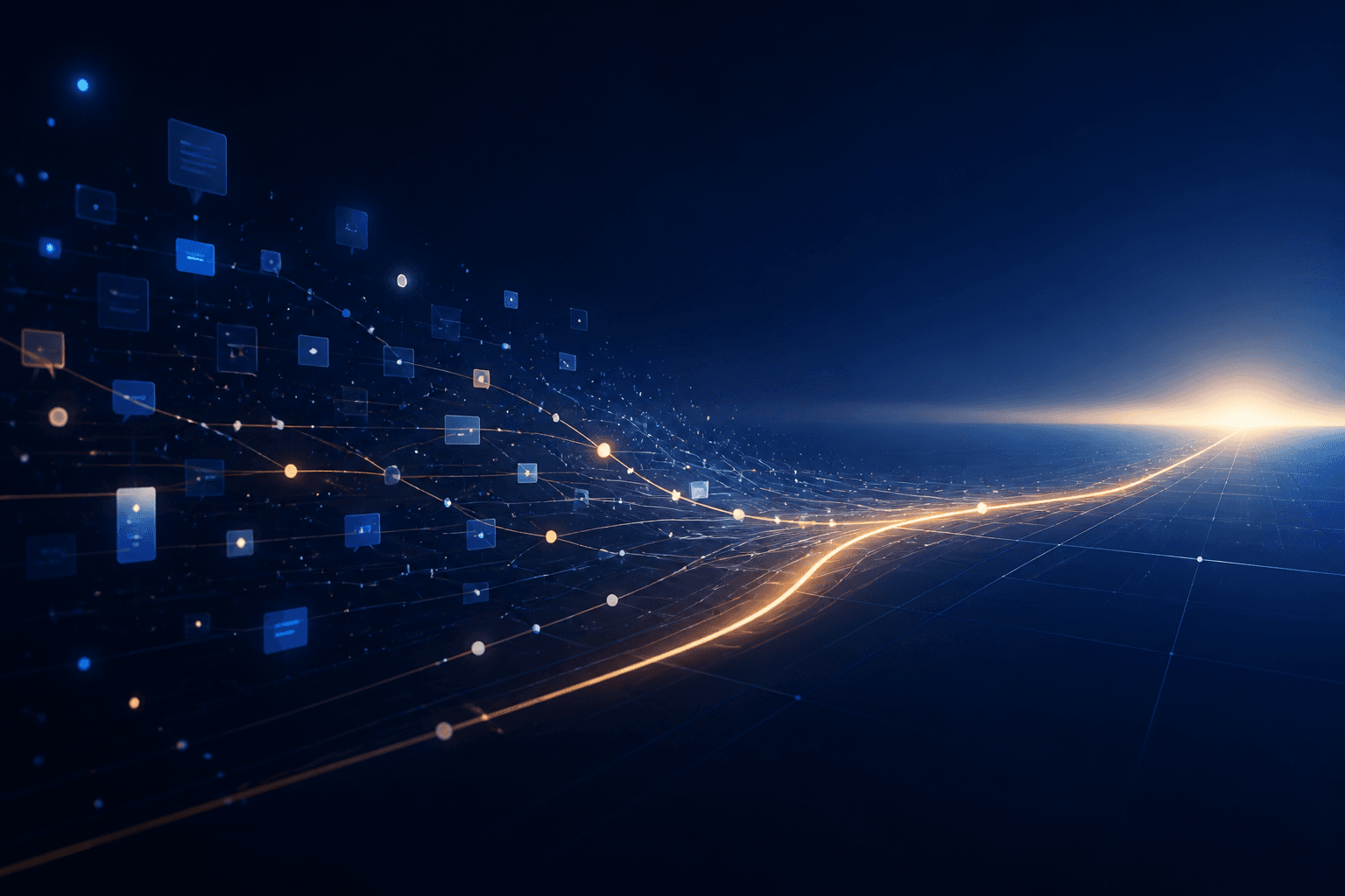 Luminous digital signals converging into a clear path toward a bright horizon
