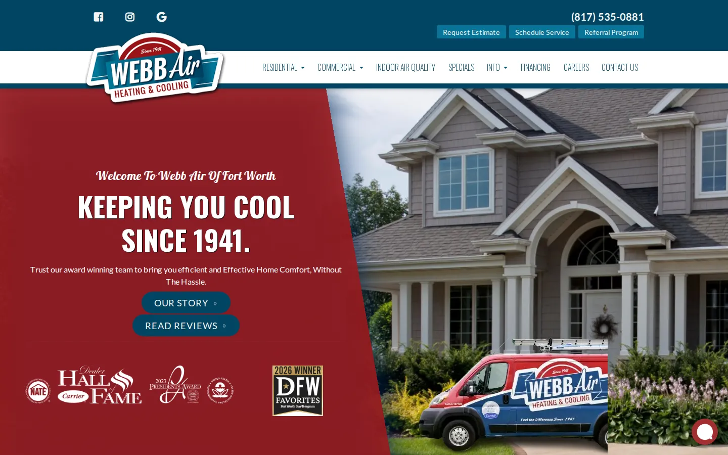 Webb Air Heating & Cooling (webbair.com) homepage, desktop first screen, captured Oct 12, 2026