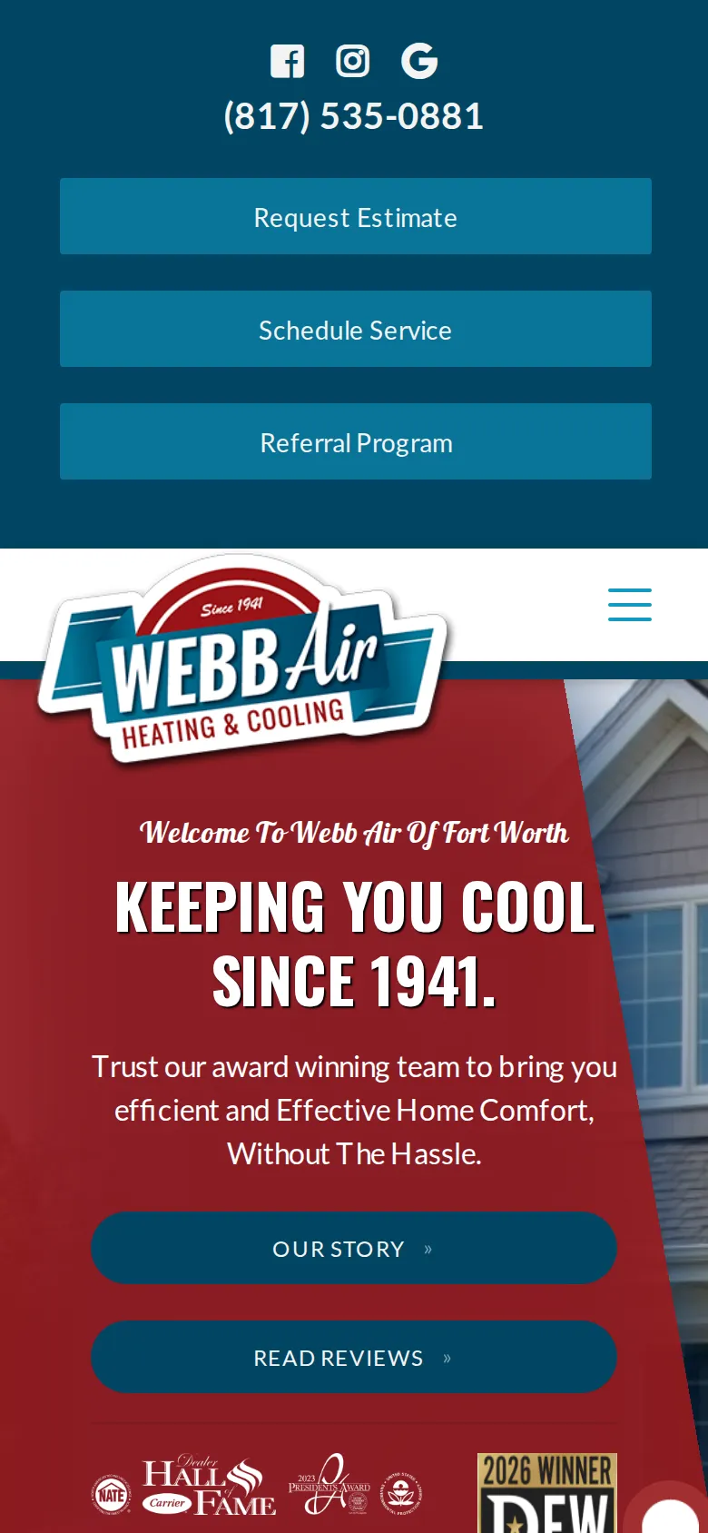 Webb Air Heating & Cooling (webbair.com) homepage, mobile first screen, captured Oct 12, 2026