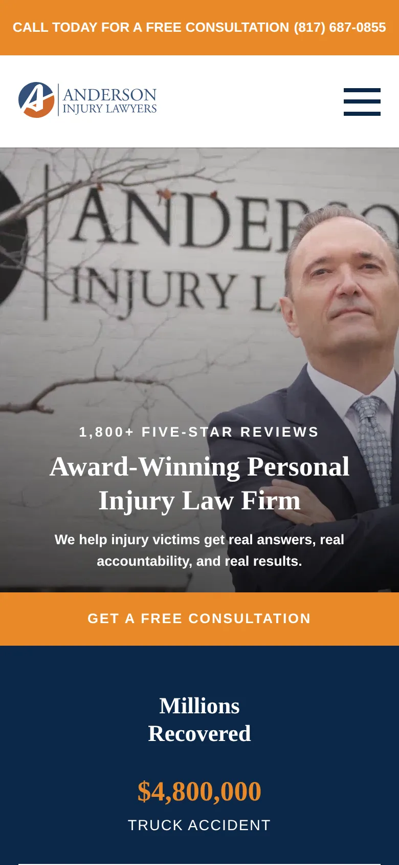 Anderson Injury Lawyers Dallas (maafirm.com) homepage, mobile first screen, captured Oct 12, 2026