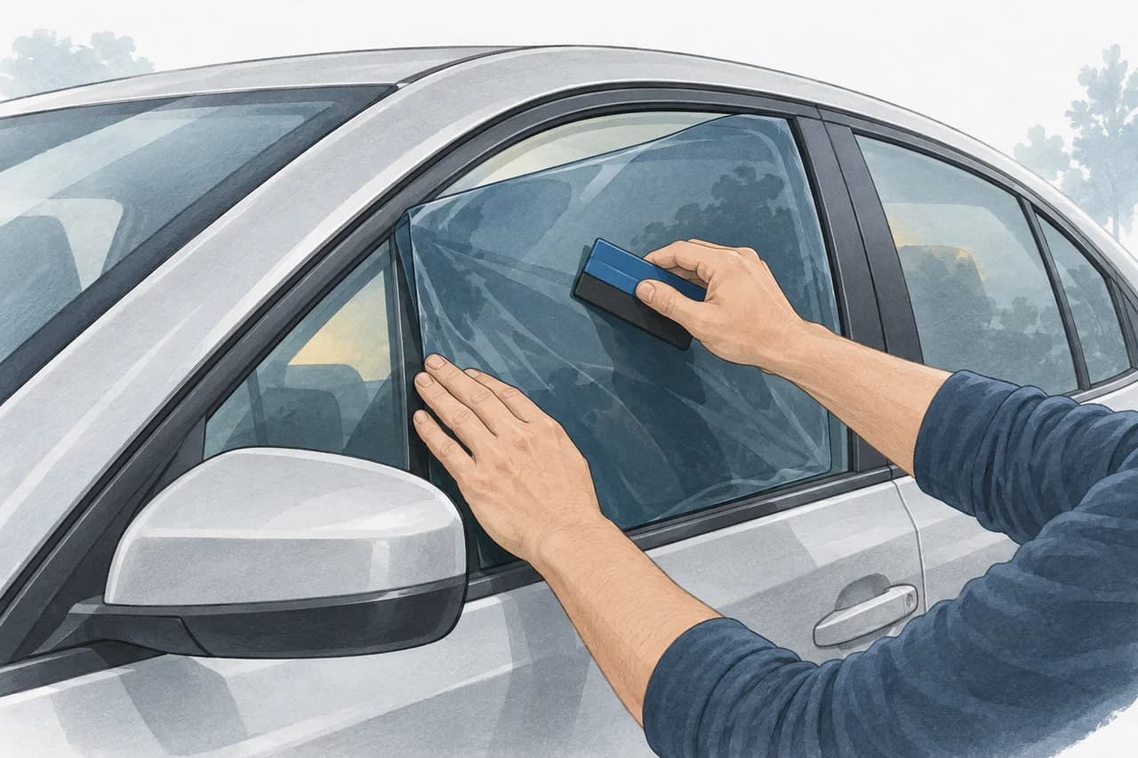 Editorial illustration of hands working with film on a car window.