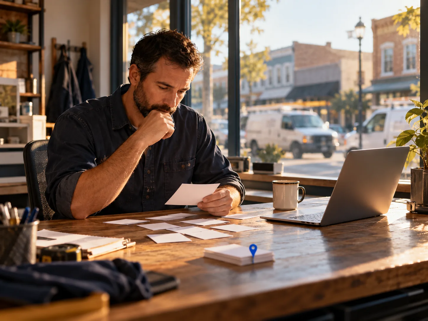 Conceptual scene of a local business owner sorting customer questions at a desk
