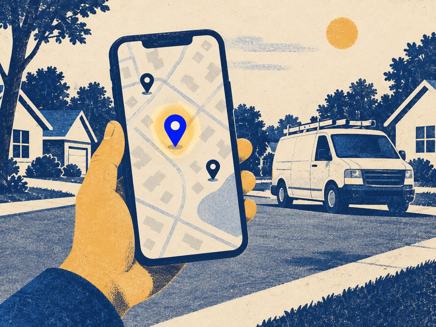 A phone on a residential street showing the map pack, the nearest business pinned first