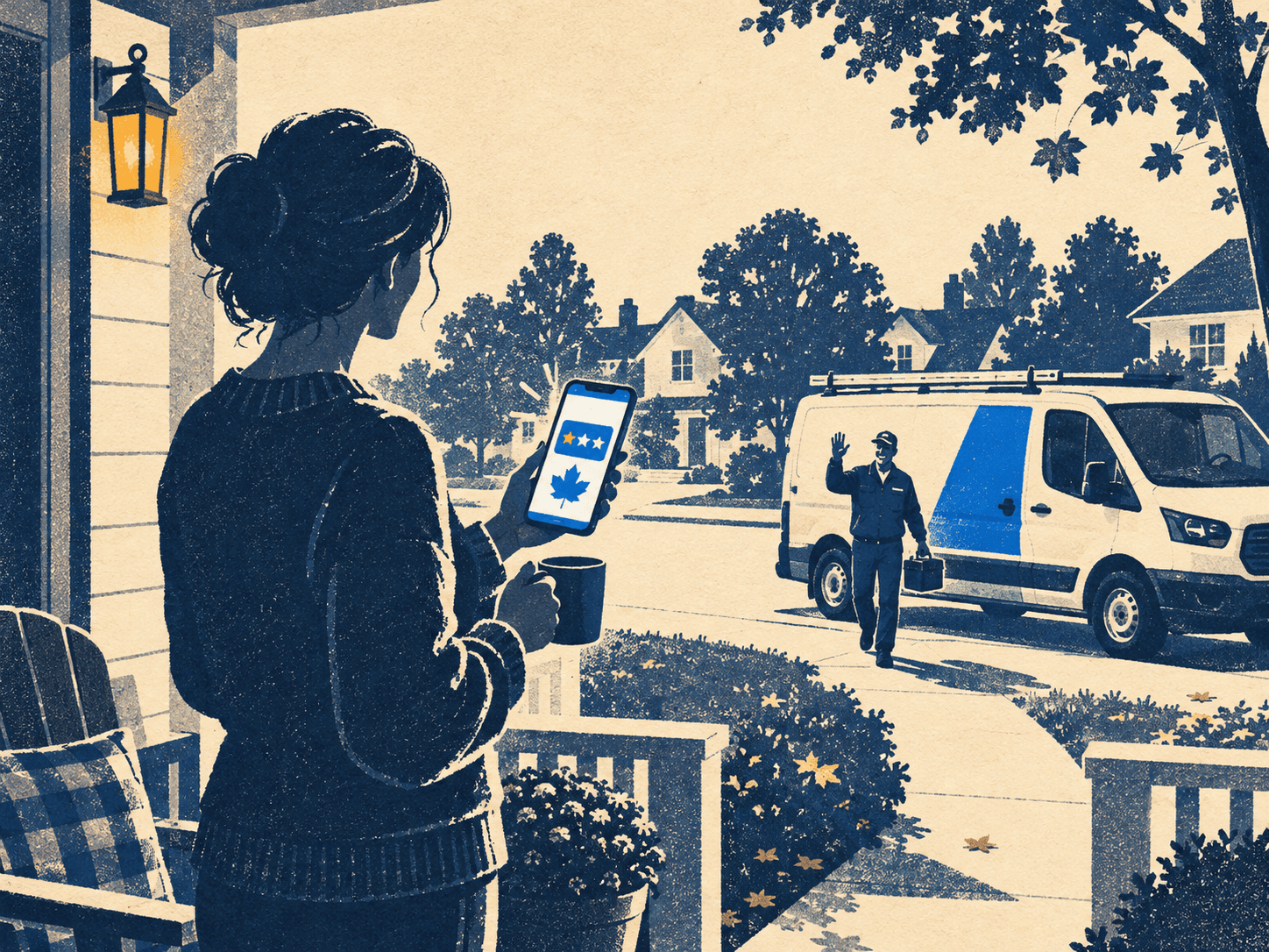 A returning customer on the porch with a reward card on their phone as the same service van pulls up again