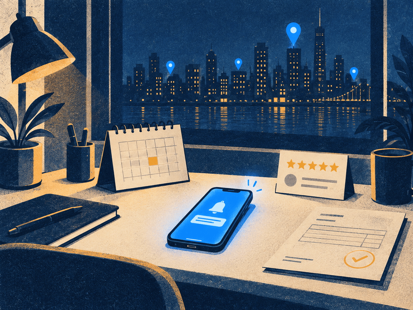 The operator's desk: a lit phone, a booked calendar, a five-star review and a paid invoice