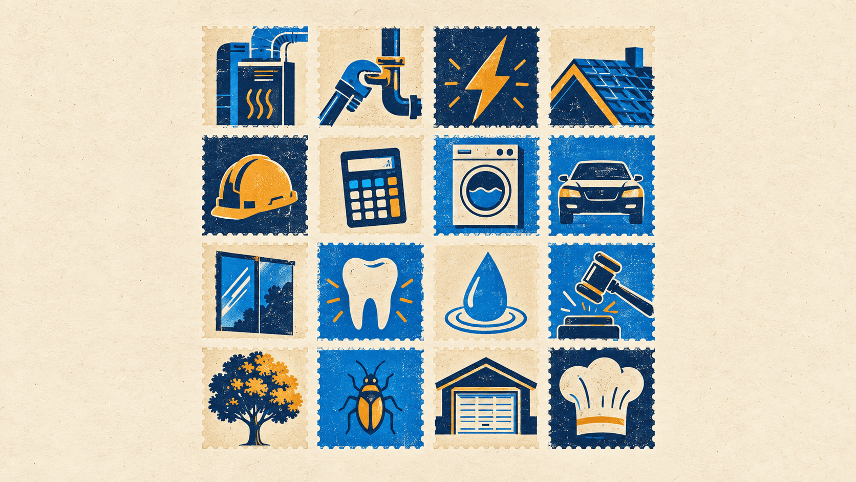 Sixteen local trades drawn like stamps on a sheet