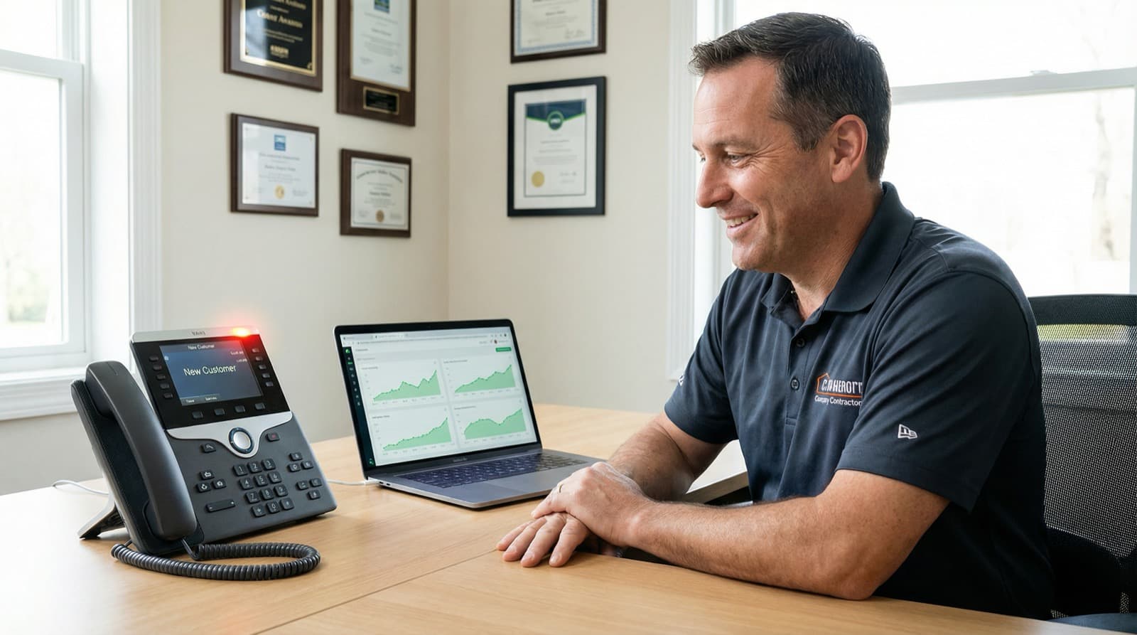 Local business owner receiving customer calls