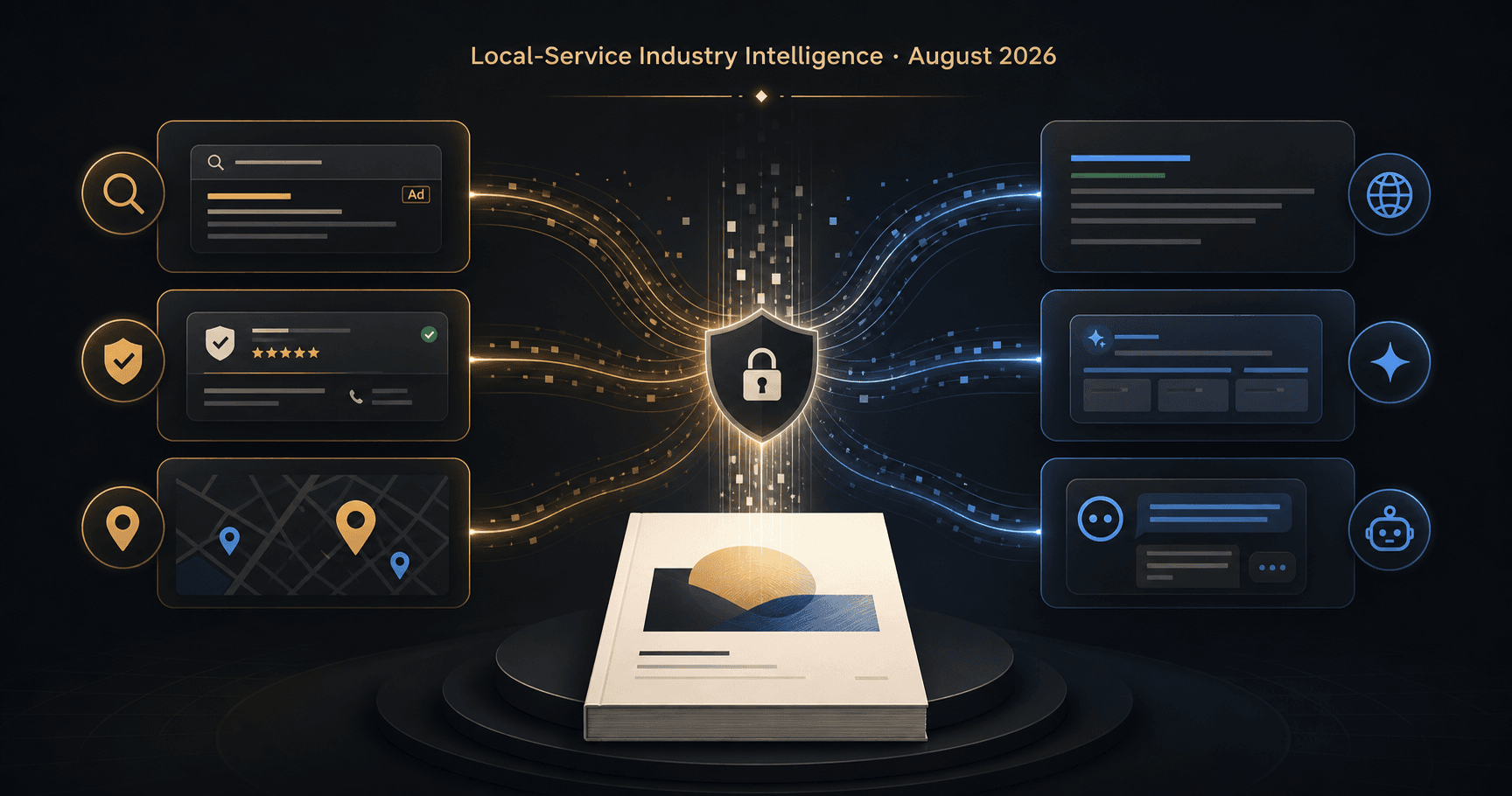 Six local-search channels flowing through a privacy shield into an industry research report