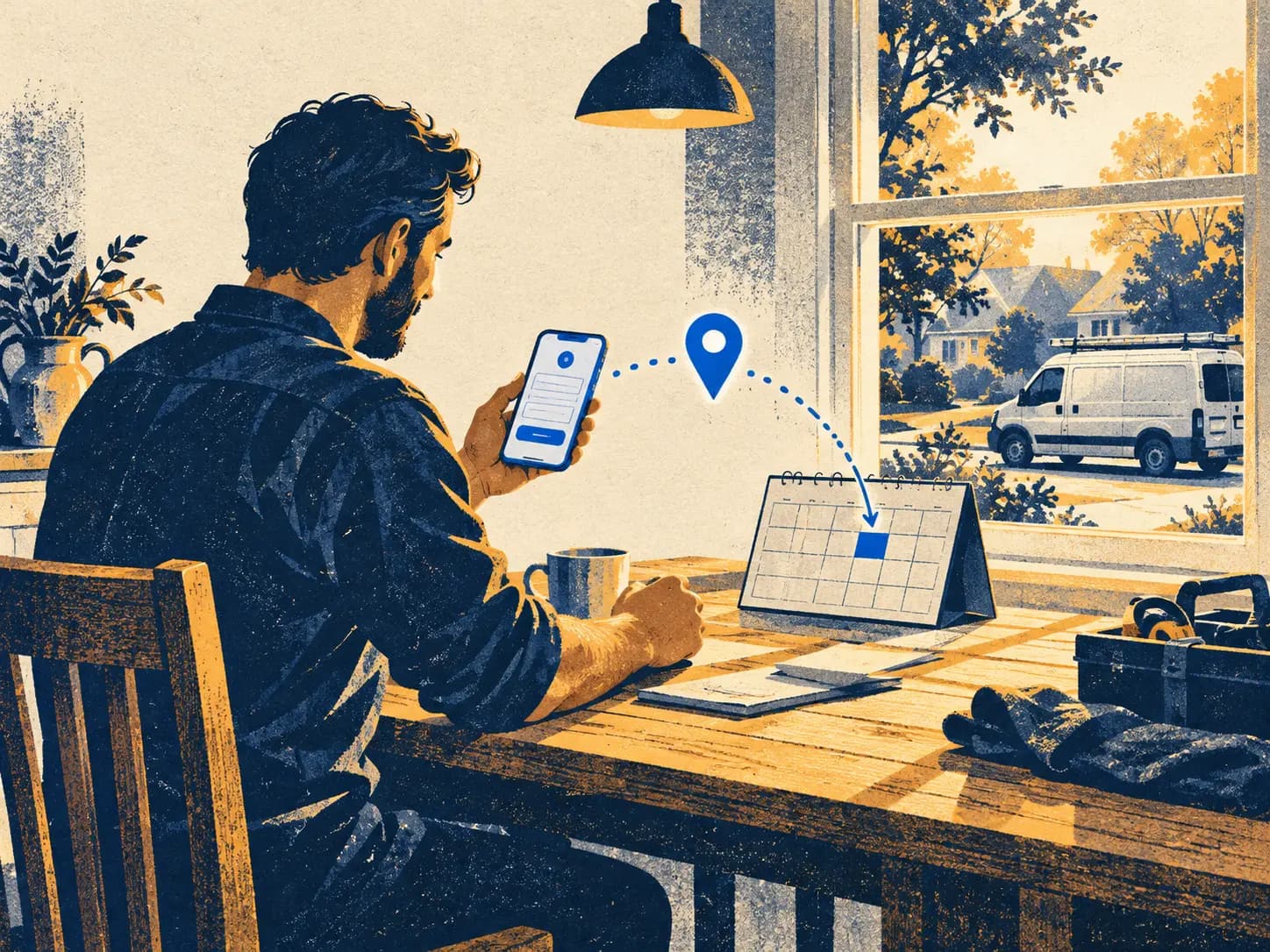Conceptual illustration of a local service worker reviewing an enquiry and booking calendar