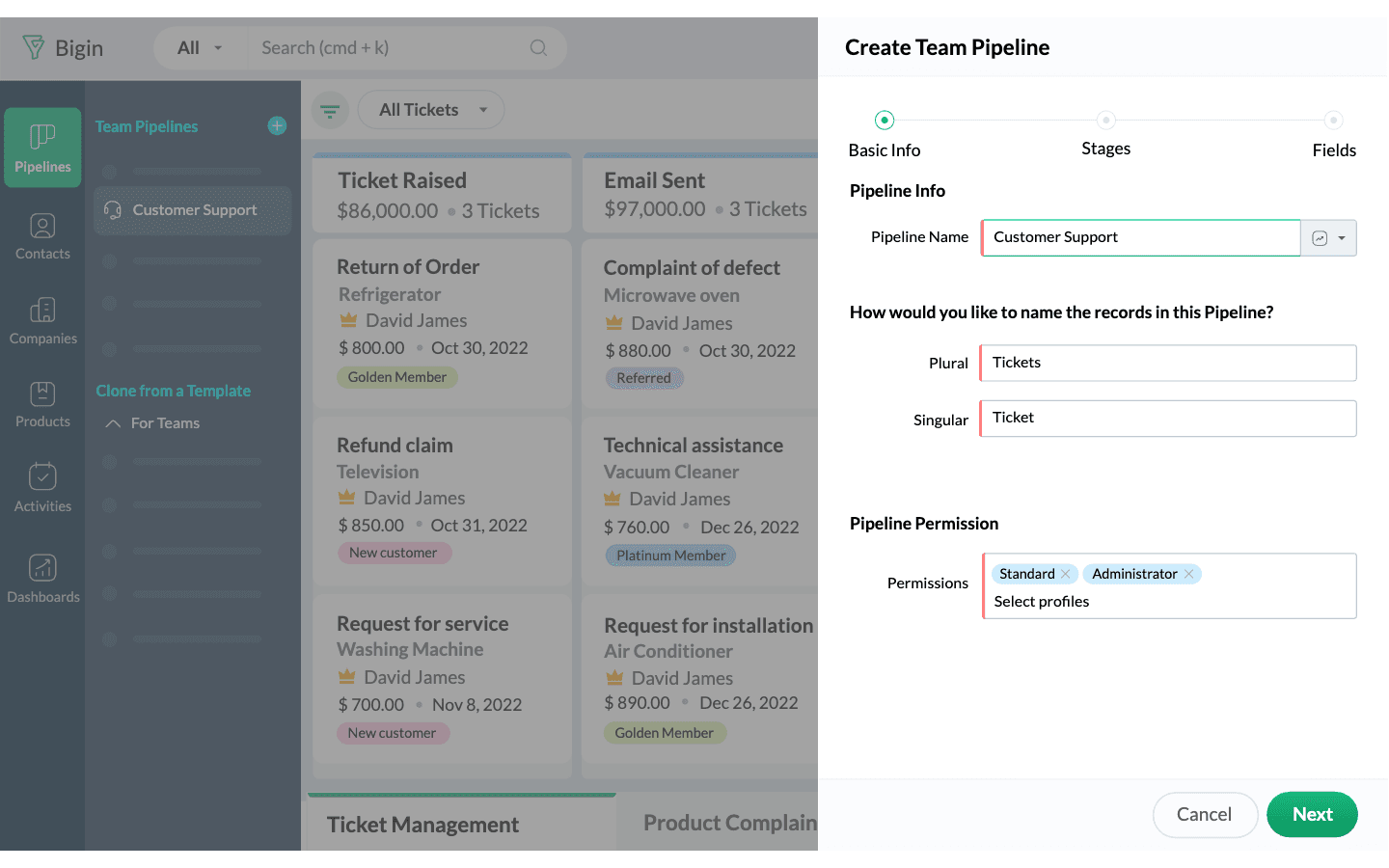 Bigin's illustrative Create Team Pipeline panel showing a customer-support record type and permissions.