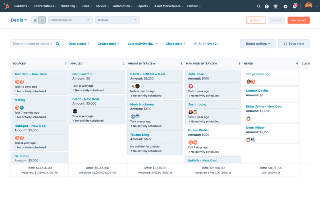 HubSpot's documentation illustration of a deal board with stages, owners and activity indicators.