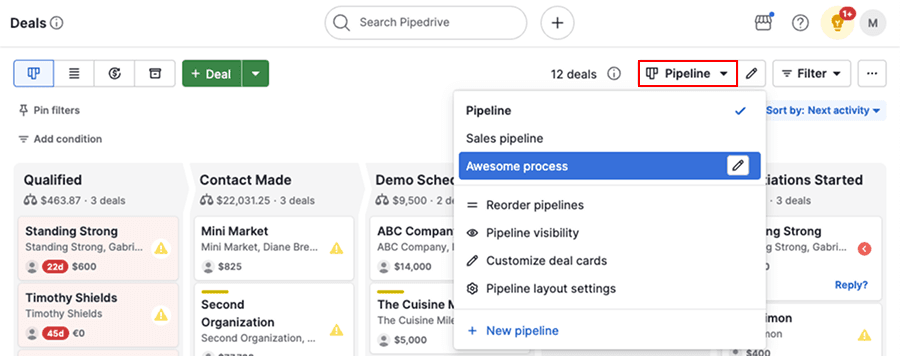 Pipedrive documentation illustration showing deal cards and the pipeline selector.