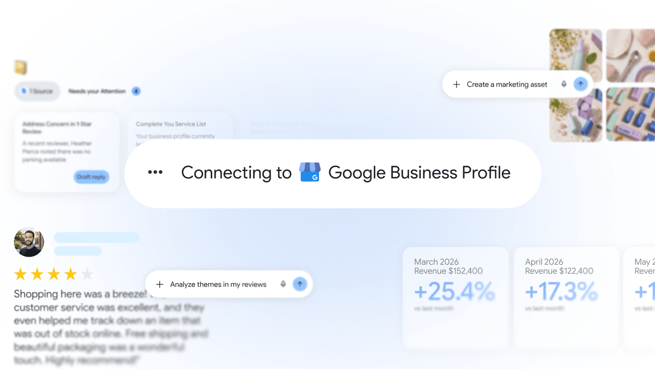 Google-provided illustration showing a Google Business Profile connection to Gemini.